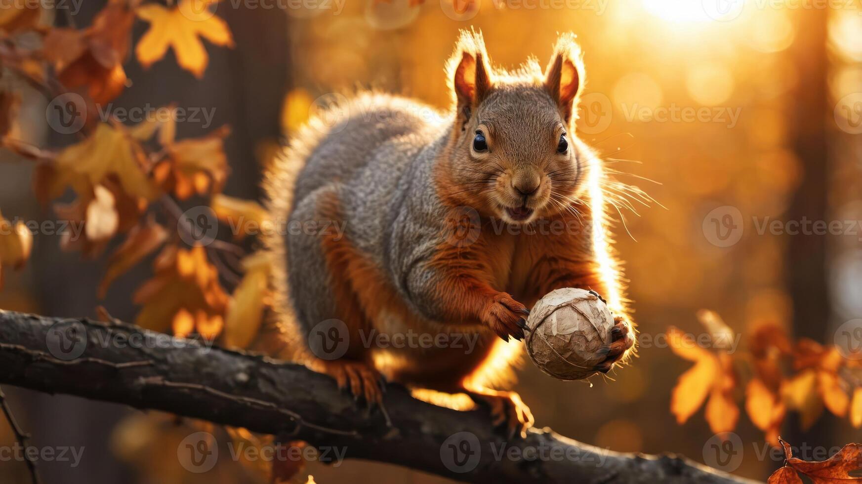 A squirrel holding a nut on a branch in a sunlit autumn forest. photo