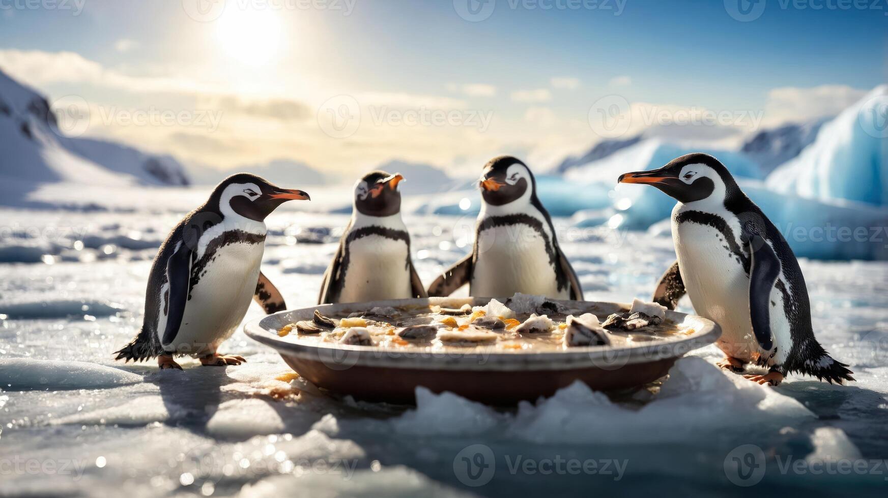 Four penguins gathered around a plate of food on an icy landscape under a bright sky. photo