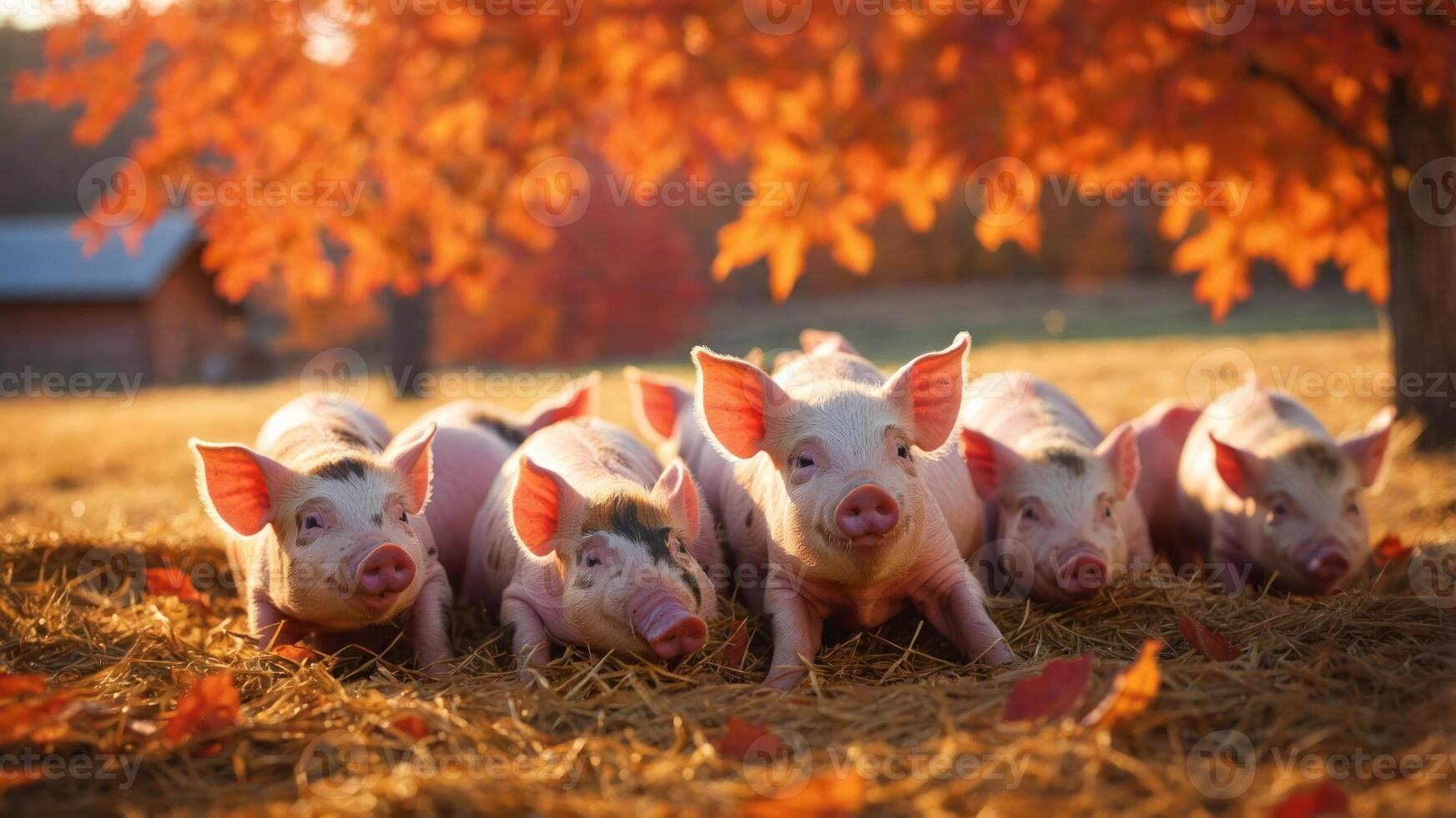 A group of playful piglets resting on straw with autumn foliage in the background. photo