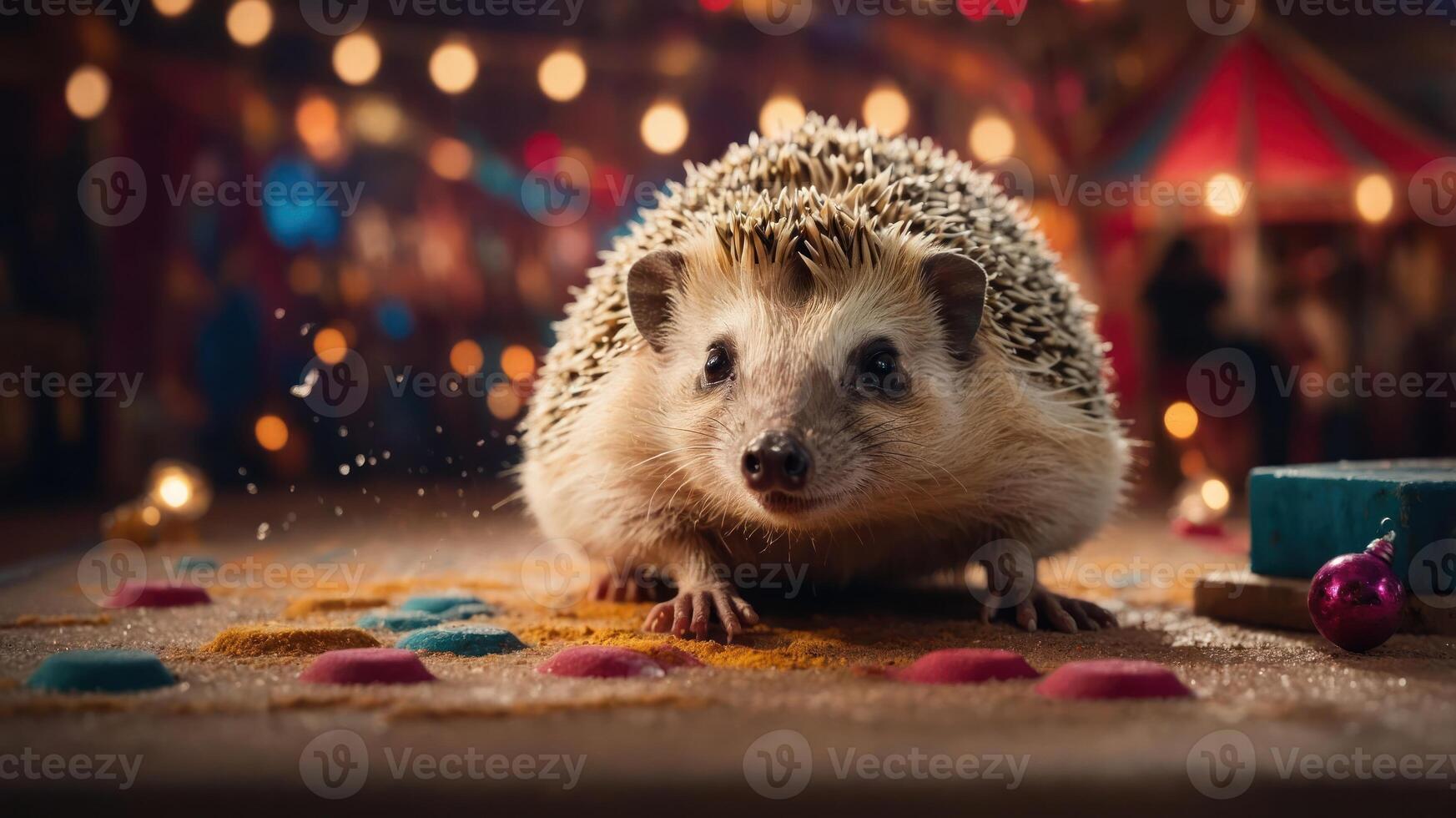 A hedgehog on a colorful surface, surrounded by festive lights, creating a whimsical atmosphere. photo
