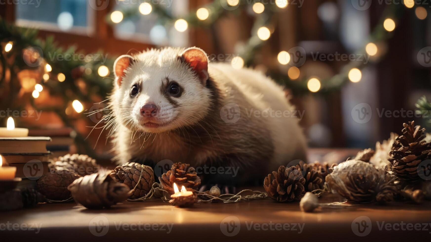 A cute ferret surrounded by pine cones and candles in a cozy, festive setting. photo