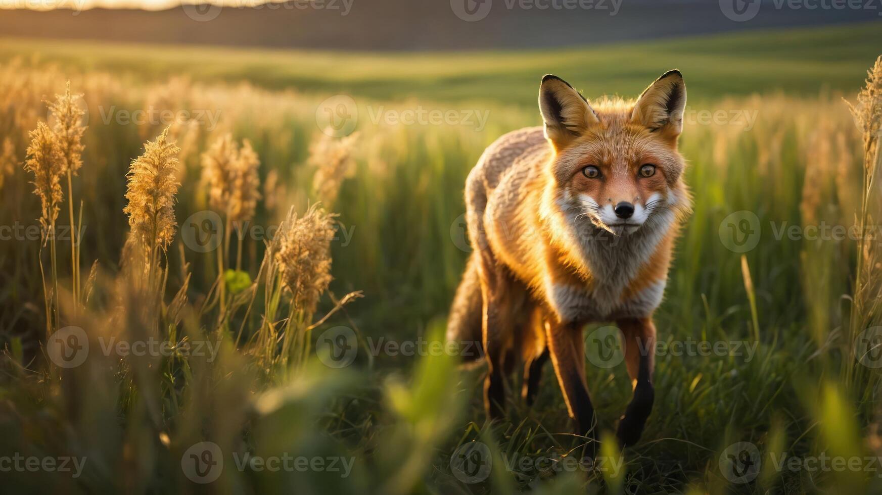 A fox walking through a sunlit field of tall grass at sunset. photo