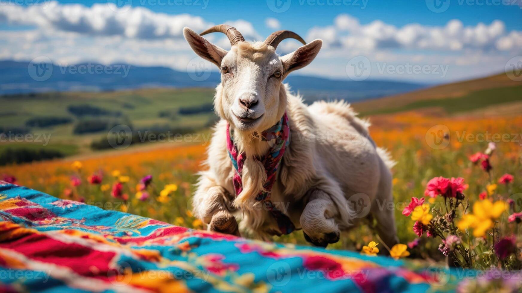 A playful goat jumps over a colorful blanket in a vibrant flower-filled landscape. photo