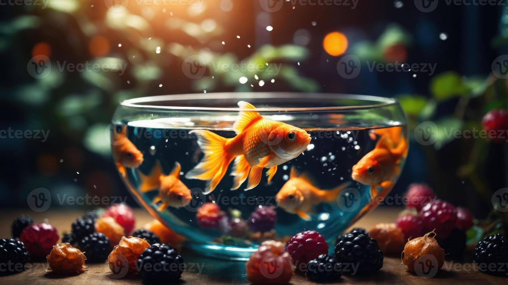 A vibrant fishbowl with goldfish surrounded by fresh berries, creating a lively scene. photo