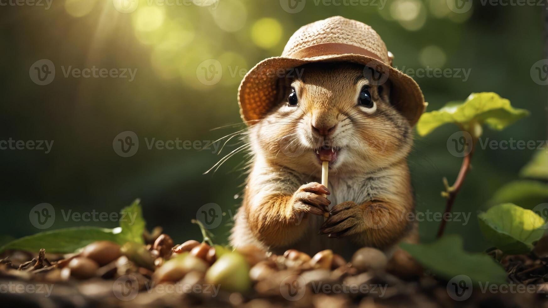 A cute squirrel wearing a straw hat, nibbling on a twig amidst a forest setting. photo