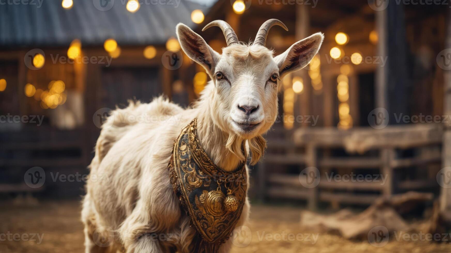 A goat wearing a decorative collar in a rustic barn setting with warm lights. photo