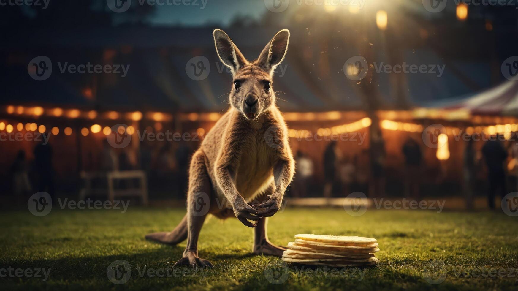 A kangaroo stands near a stack of pancakes in a lively outdoor setting. photo