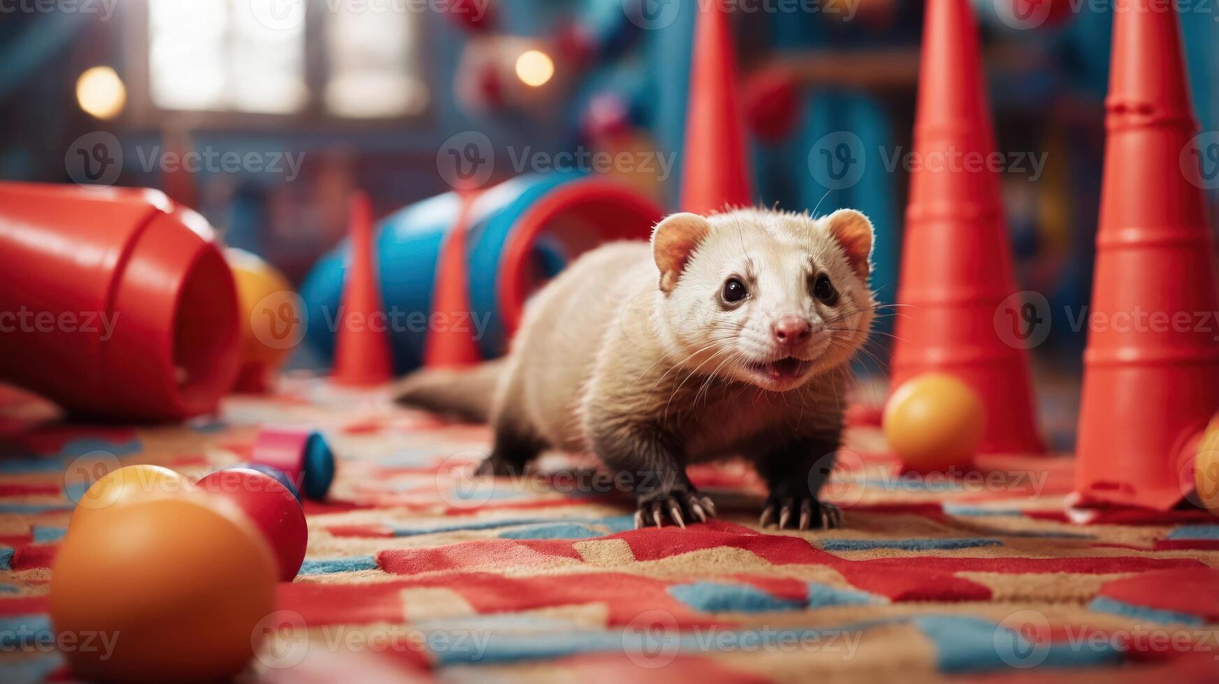 A playful ferret exploring a colorful indoor environment with various toys and obstacles. photo