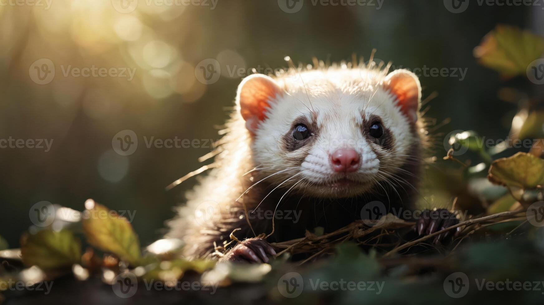 A close-up of a small mammal in a natural setting, surrounded by foliage and soft light. photo