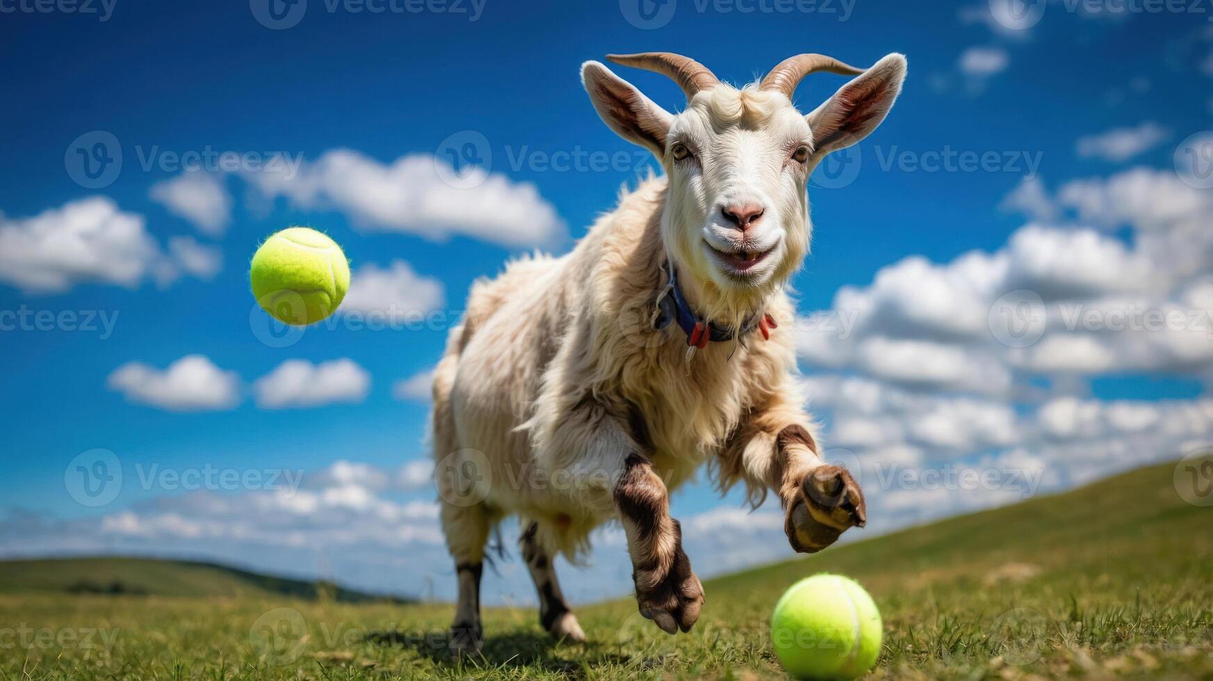 A playful goat runs amidst tennis balls on a sunny day in a grassy field. photo