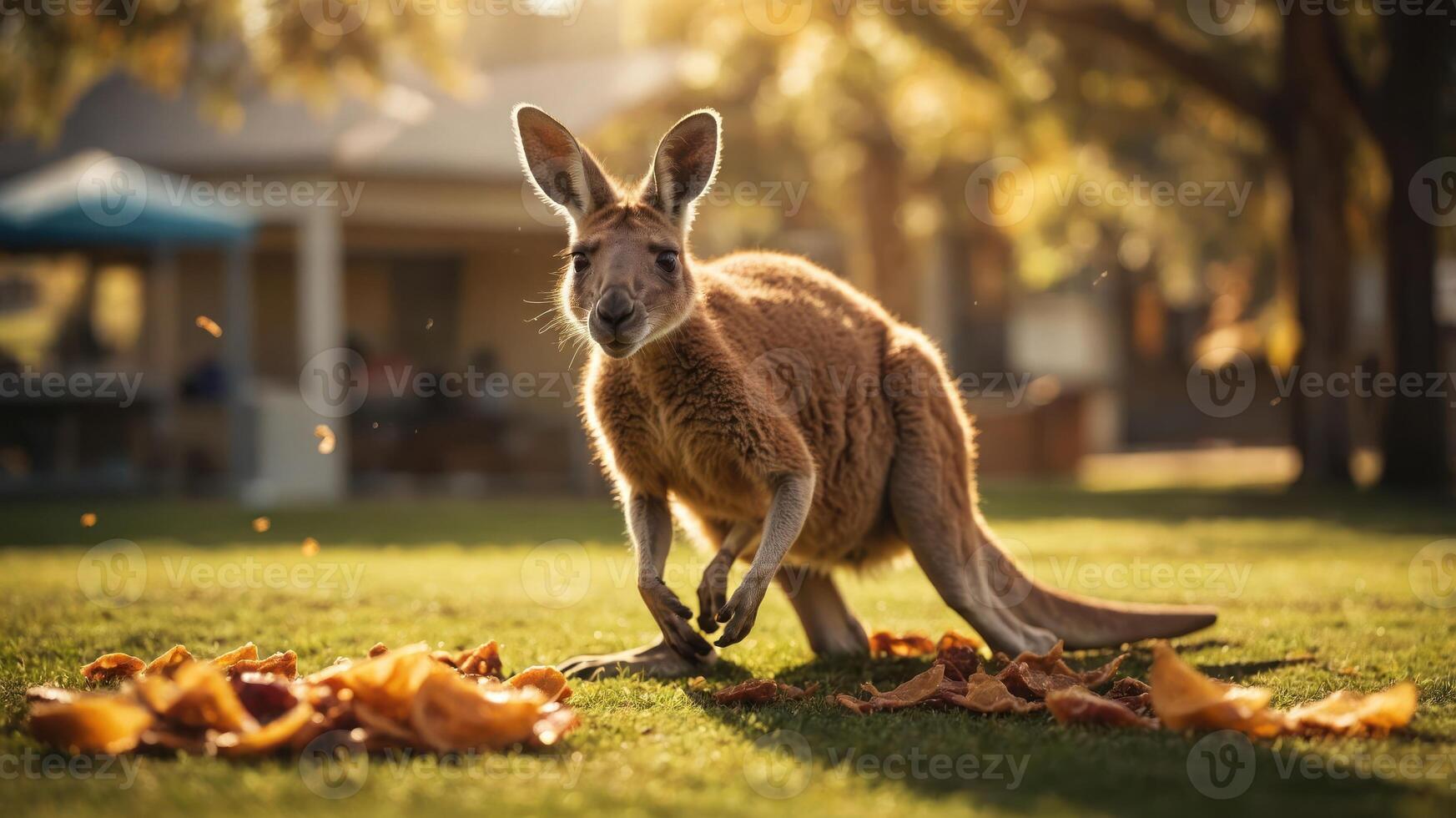 A kangaroo forages on the grass amidst fallen leaves in a serene outdoor setting. photo