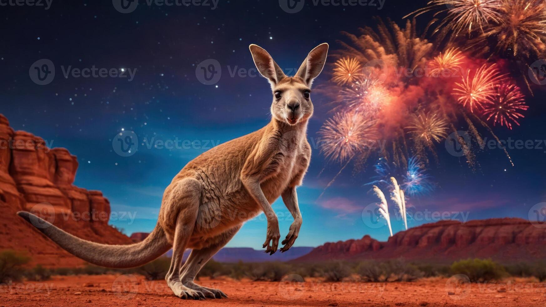 A kangaroo stands in front of a fireworks display against a desert landscape at night. photo