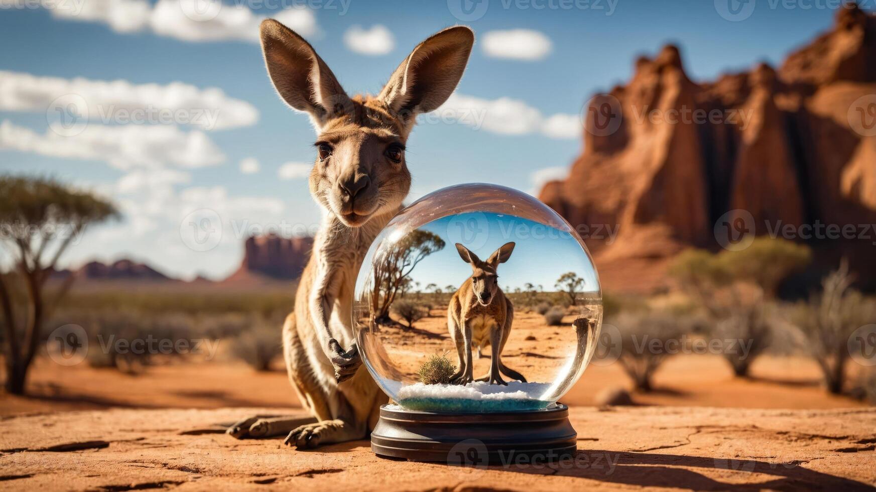 A kangaroo beside a snow globe featuring its reflection in a desert landscape. photo