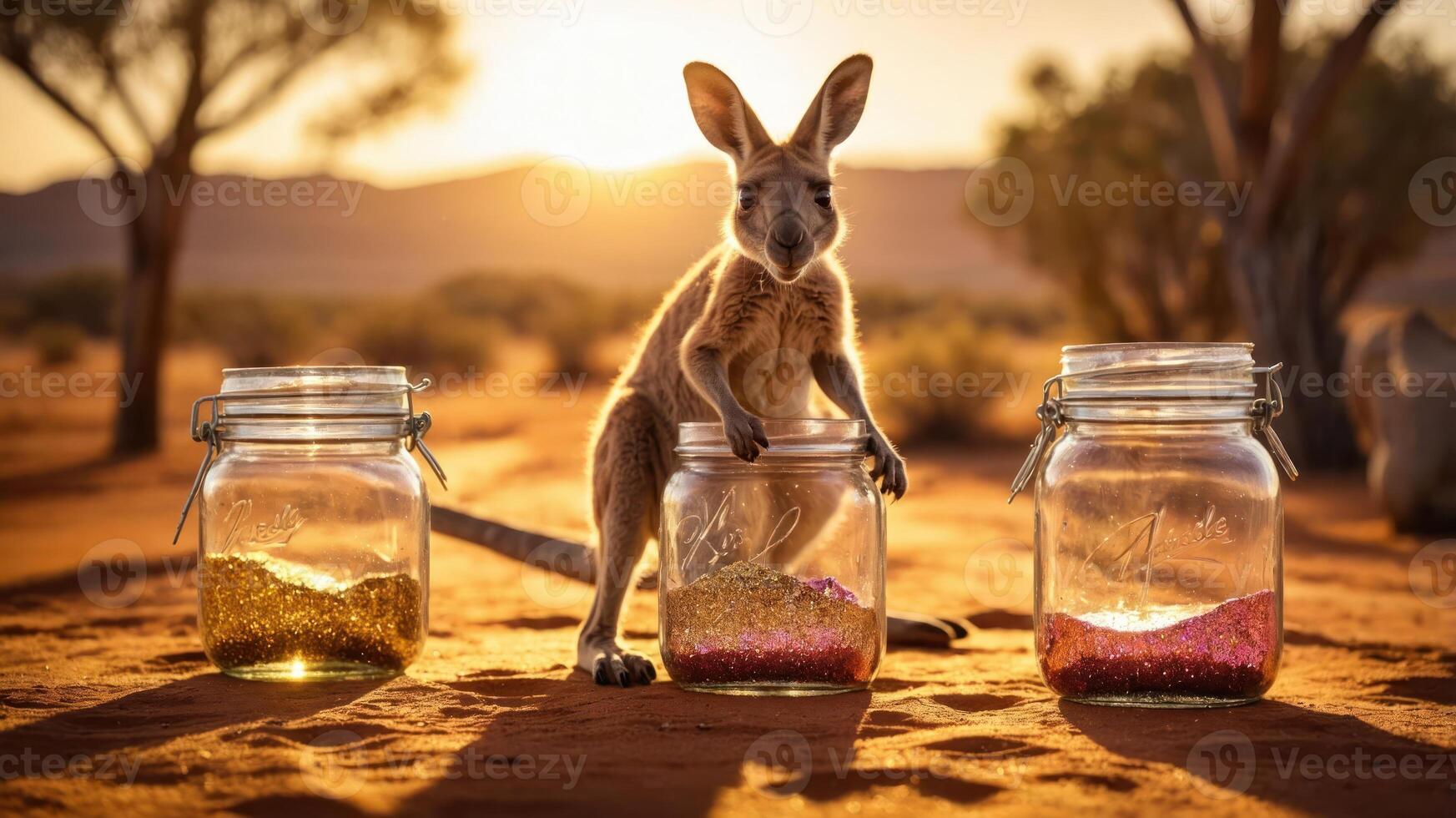 A kangaroo interacts with jars filled with colorful beads in a desert setting at sunset. photo