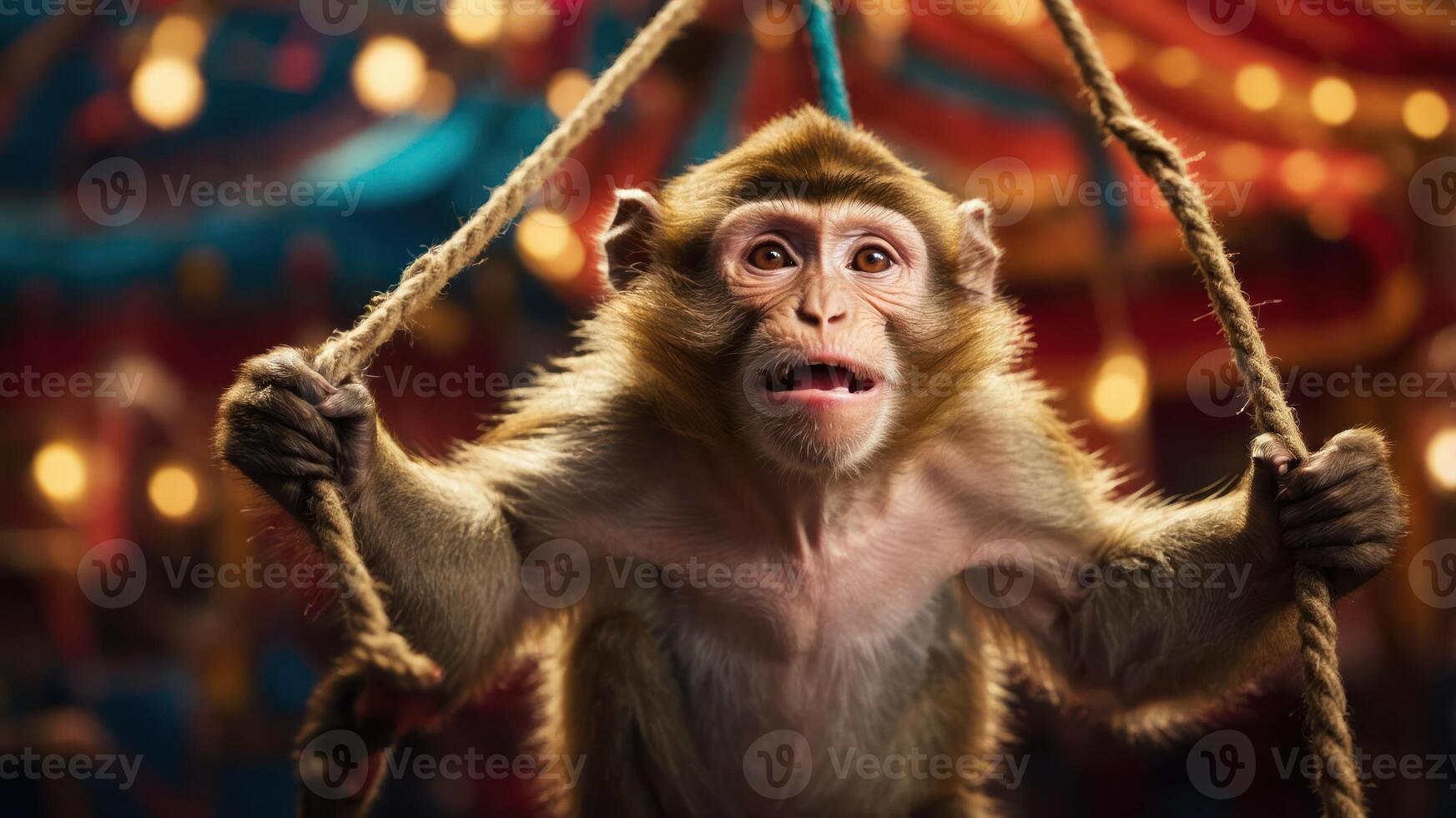 A monkey swings on ropes in a vibrant circus setting, showcasing a playful atmosphere. photo