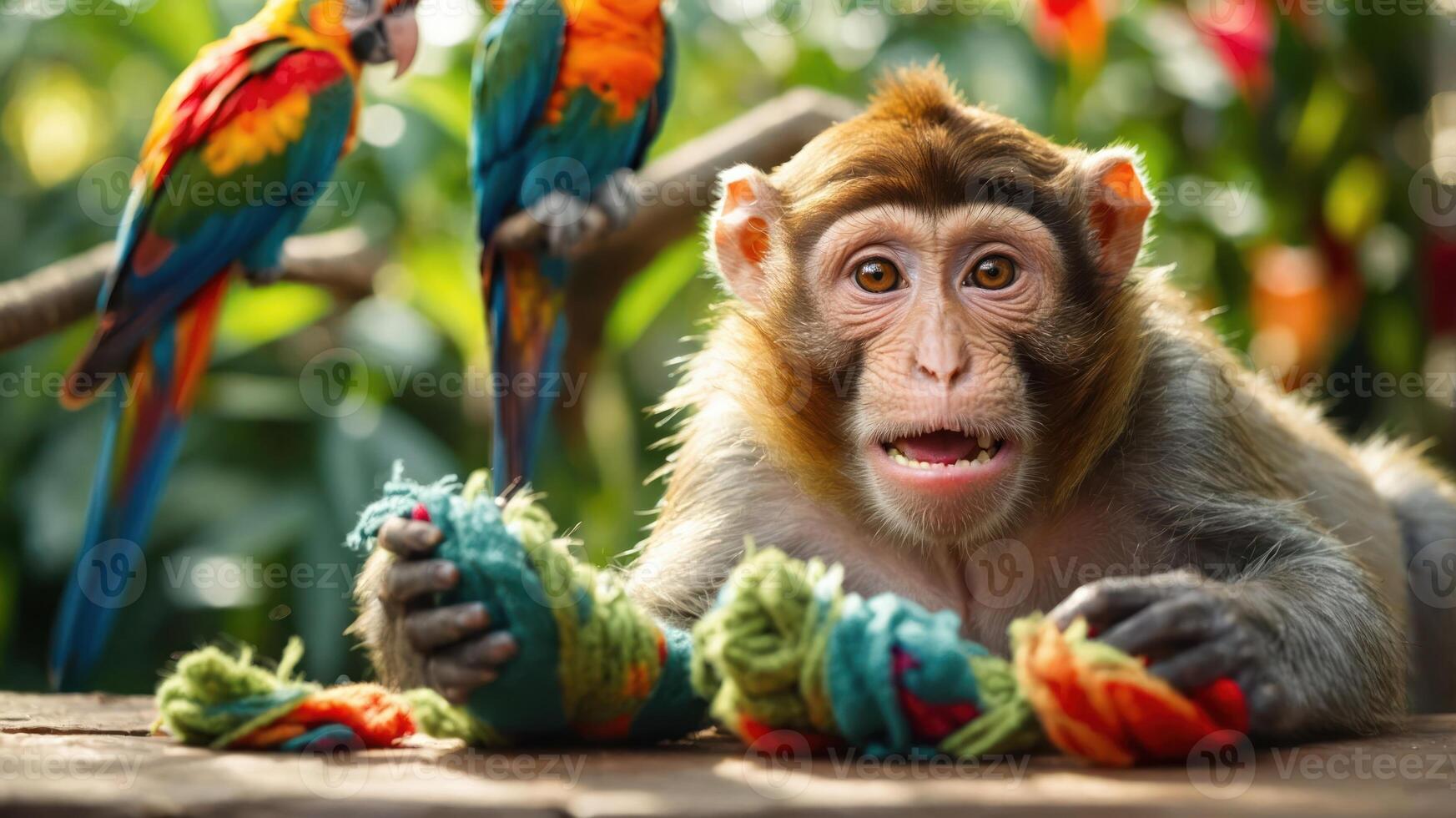 A playful monkey interacts with colorful yarns while two parrots observe nearby. photo
