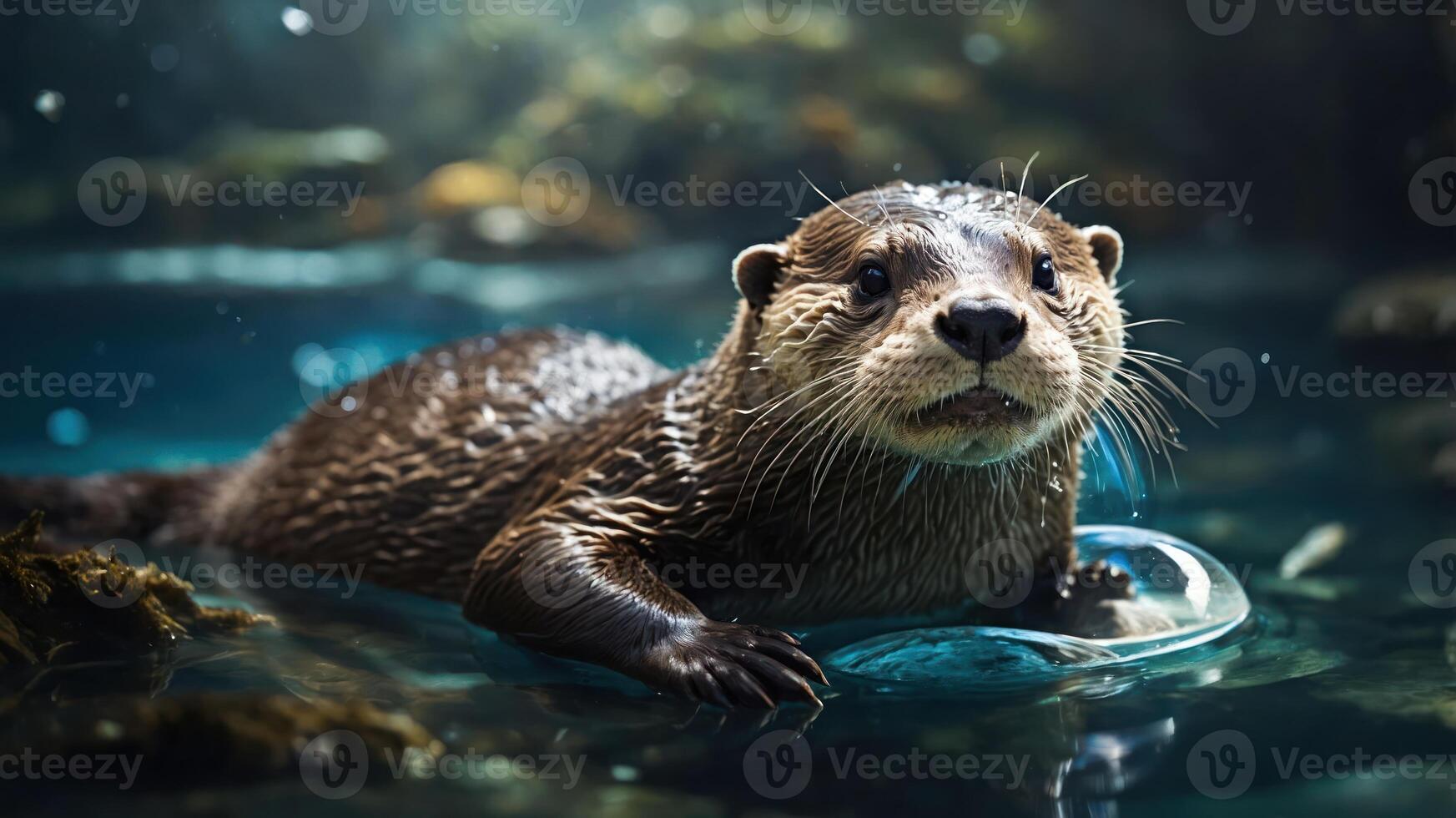 A playful otter swimming in clear water, showcasing its natural habitat and behavior. photo