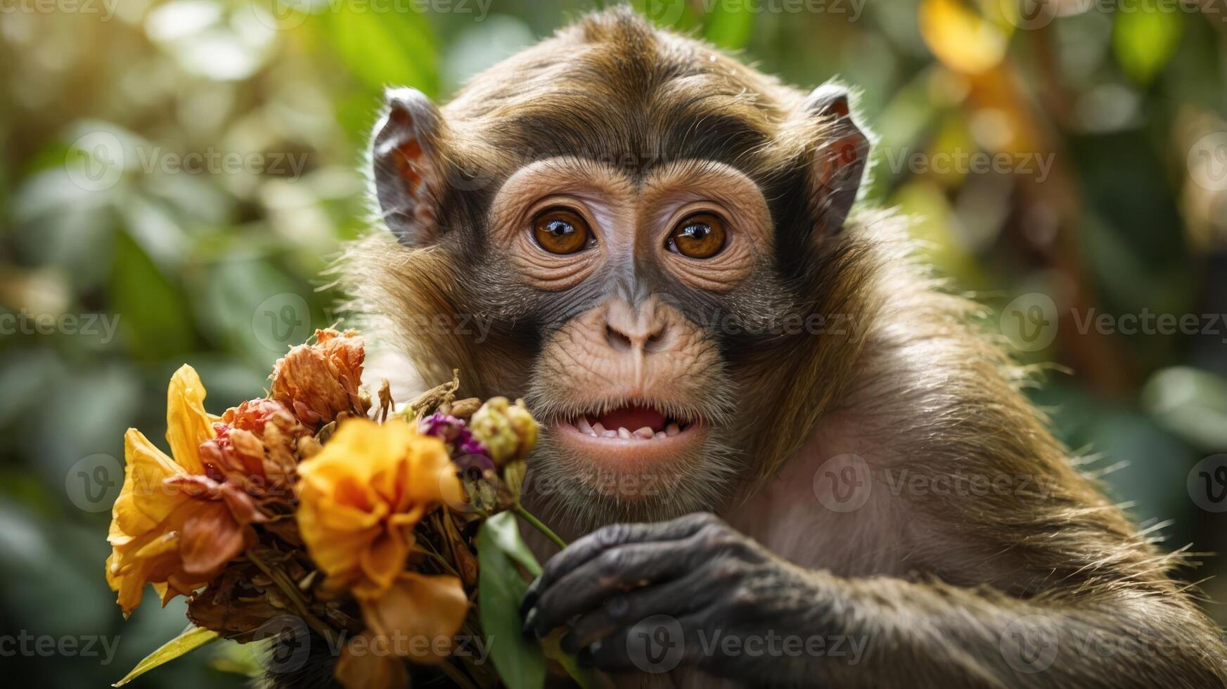 A monkey holding a bouquet of dried flowers, showcasing curiosity and nature. photo