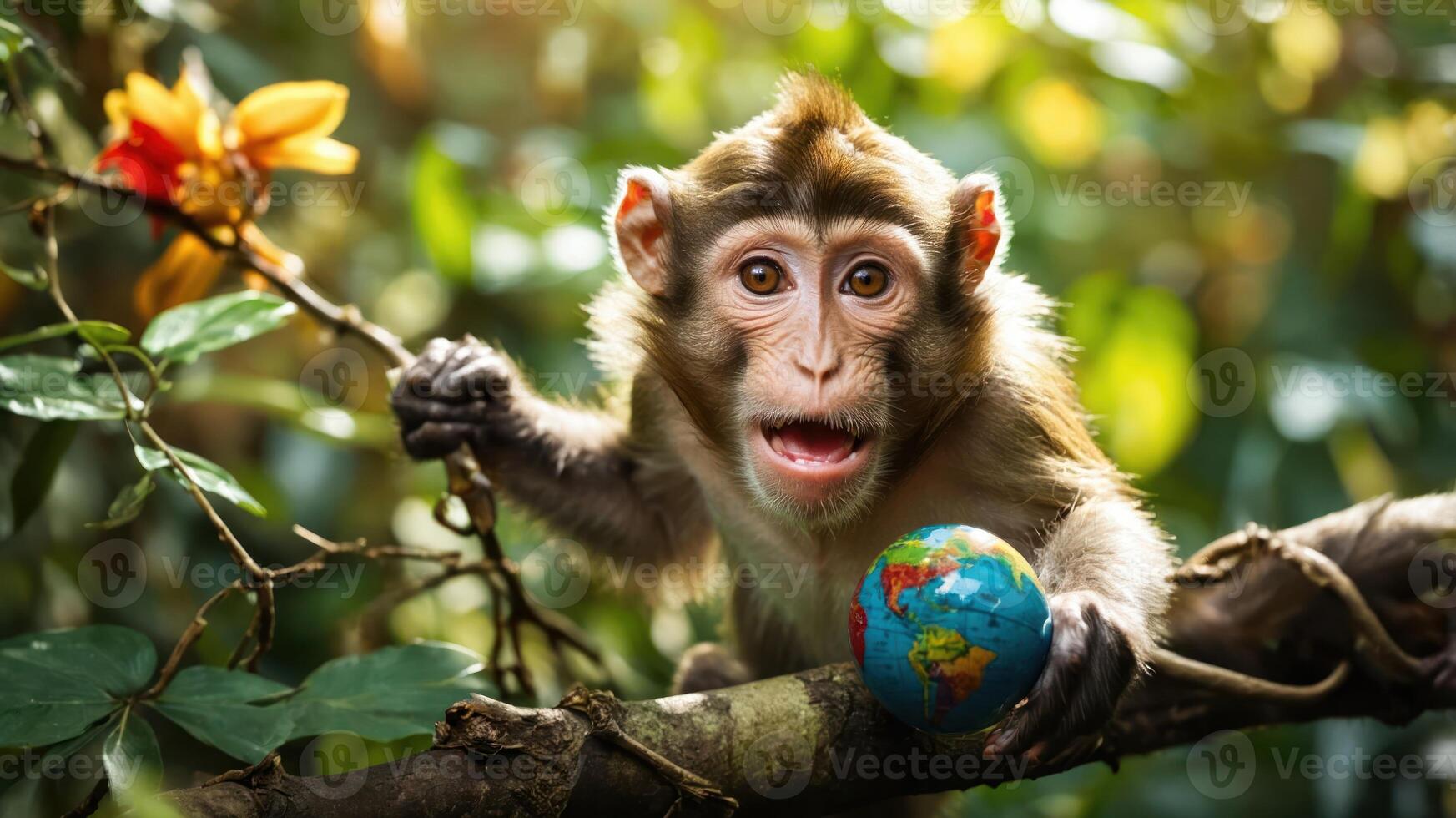 A monkey holding a small globe while perched on a branch in a lush, green environment. photo
