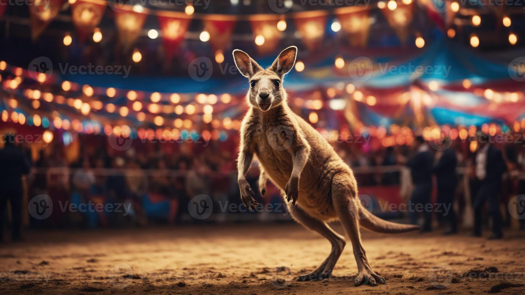 A kangaroo performing in a vibrant circus setting, surrounded by colorful lights and audience. photo