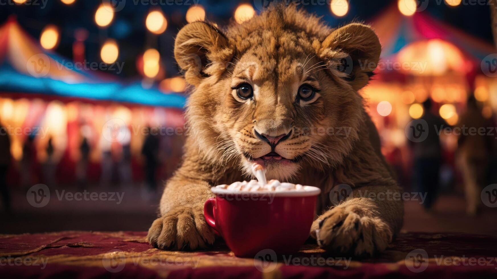 A young lion cub curiously interacts with a cup of hot chocolate at a festive setting. photo