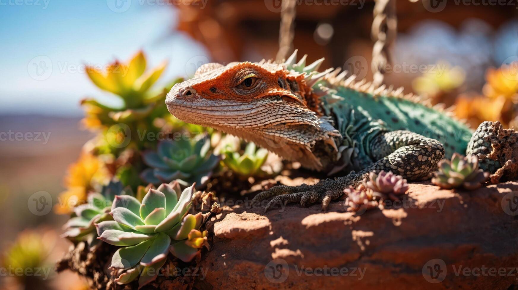 A colorful lizard resting among succulent plants in a natural setting. photo