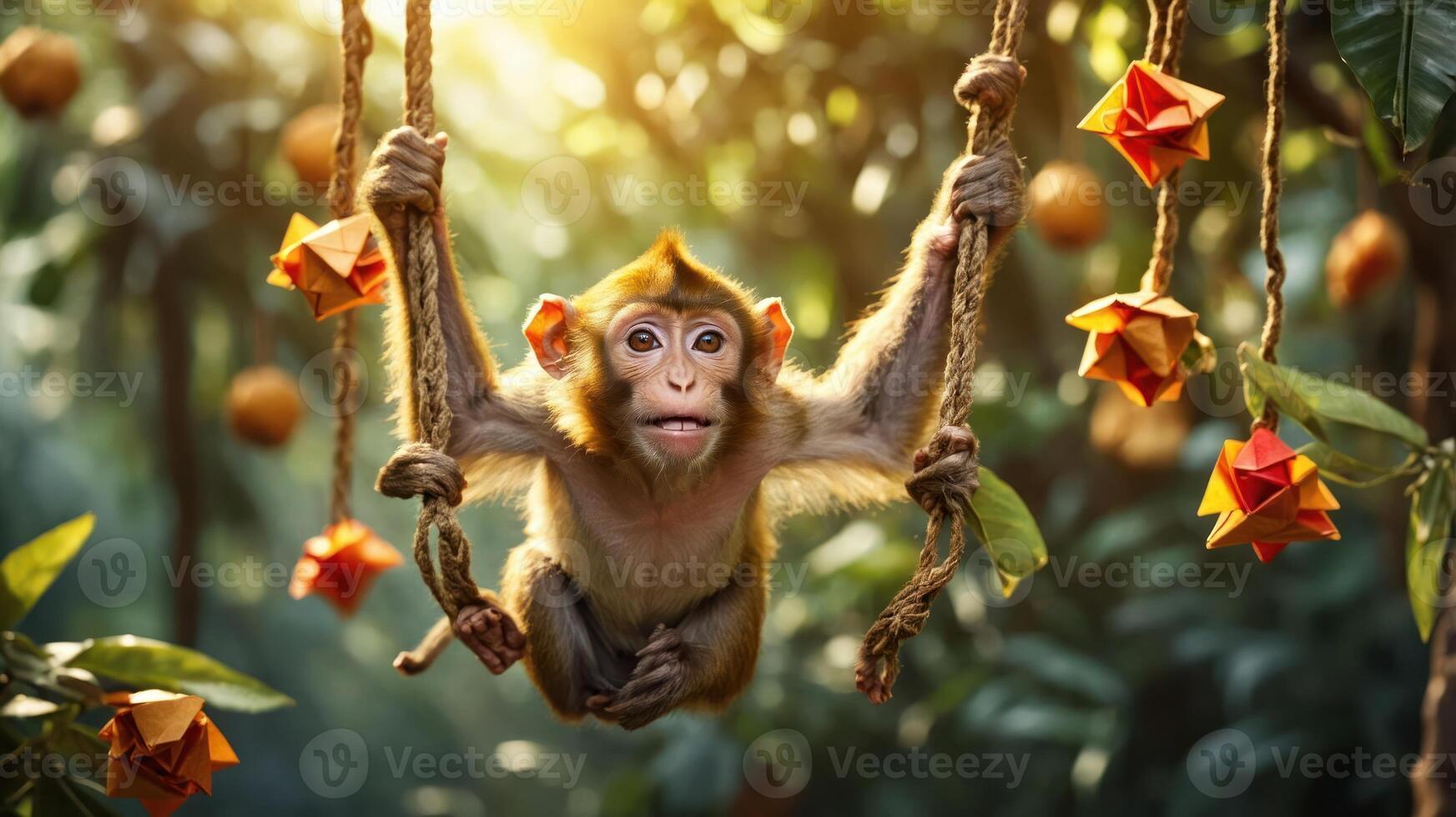 A playful monkey swings among colorful paper decorations in a lush forest. photo