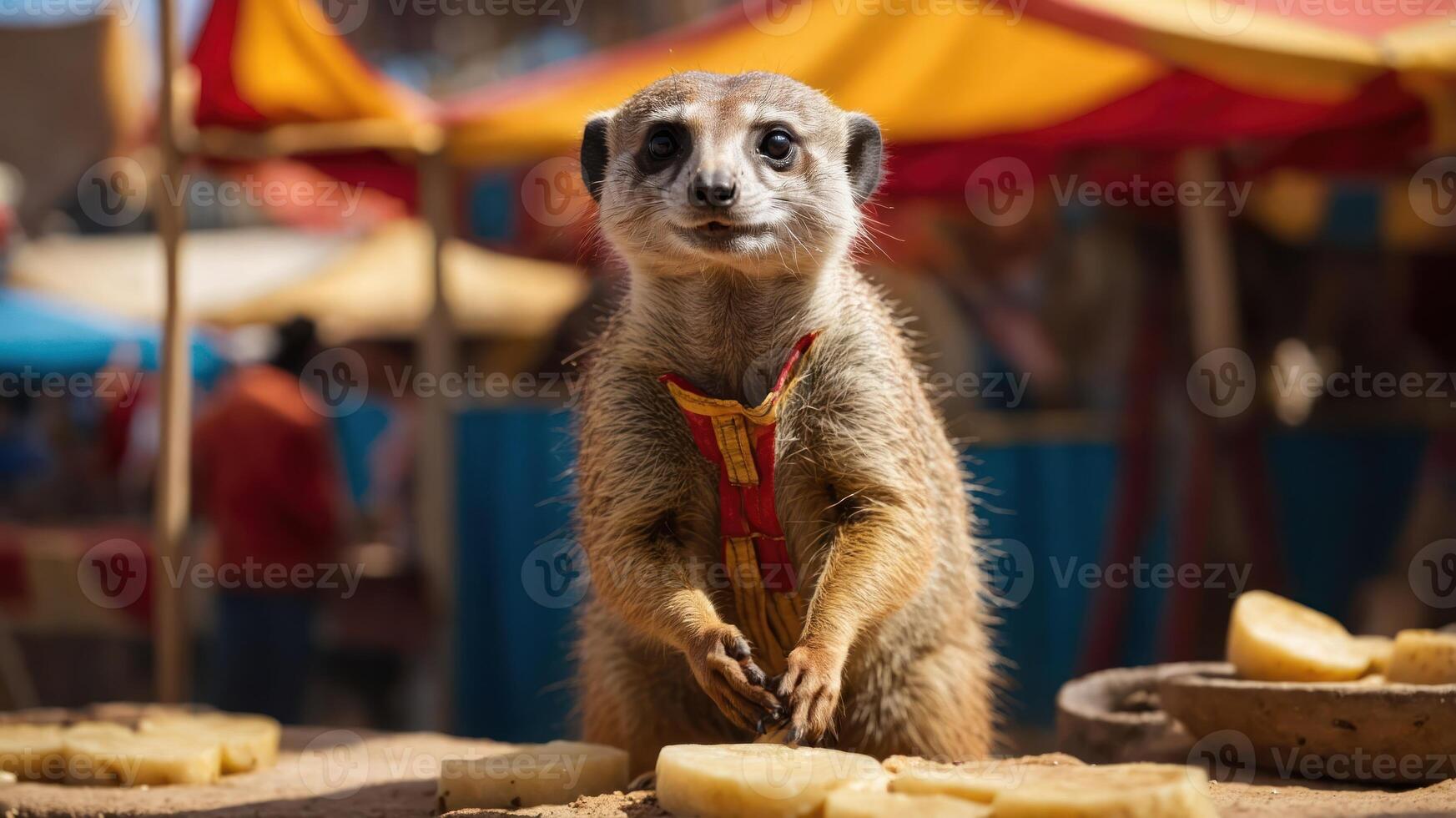 A curious meerkat stands in a vibrant market, surrounded by slices of fruit. photo