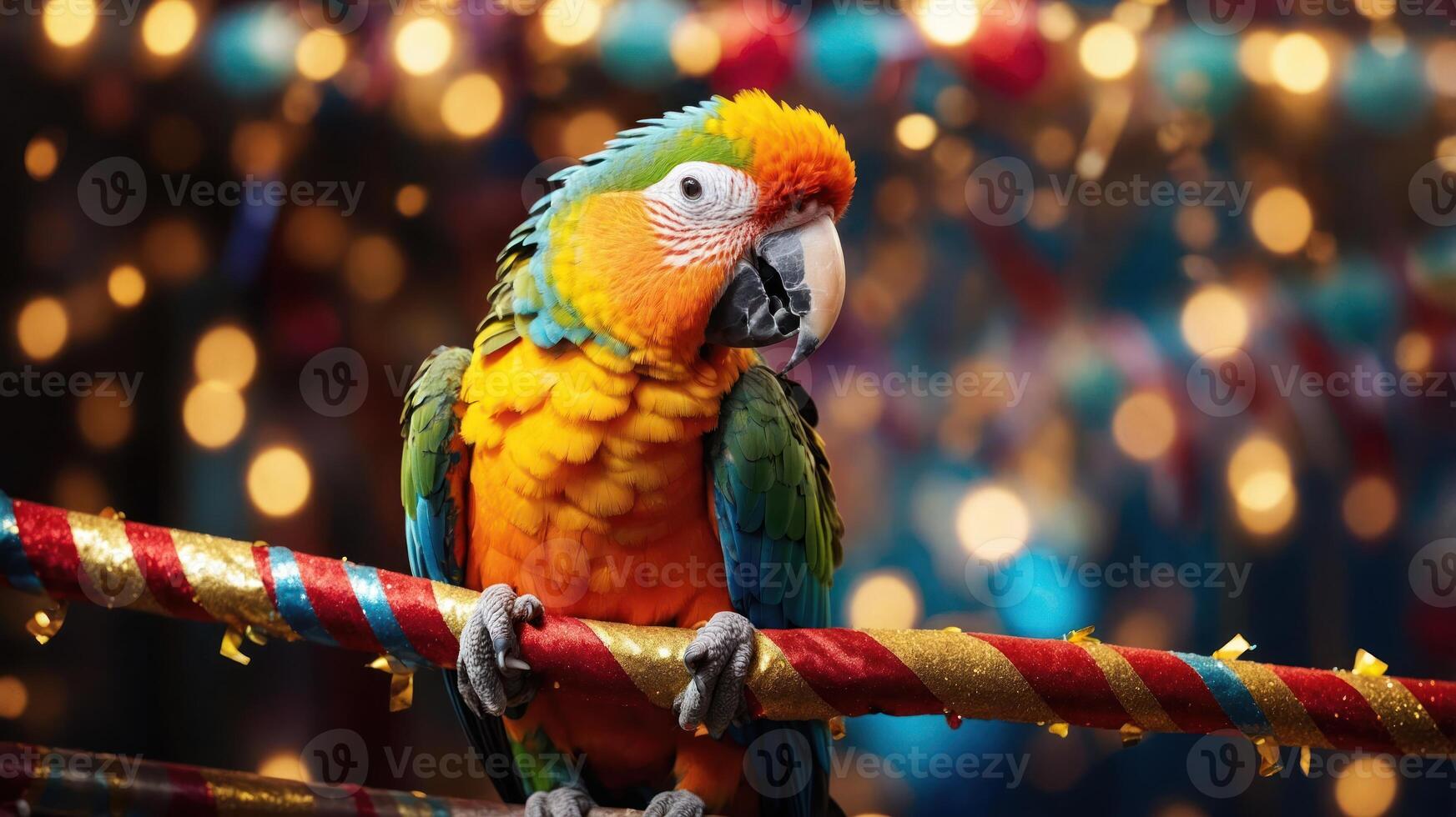 A vibrant parrot perched on a colorful railing with festive lights in the background. photo
