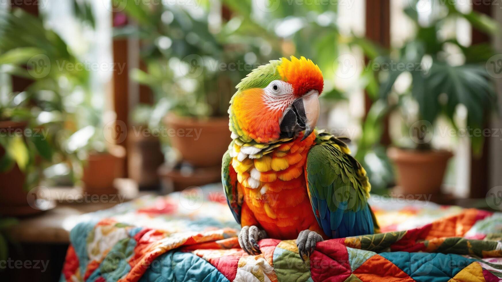 A colorful parrot perched on a quilt surrounded by indoor plants. photo