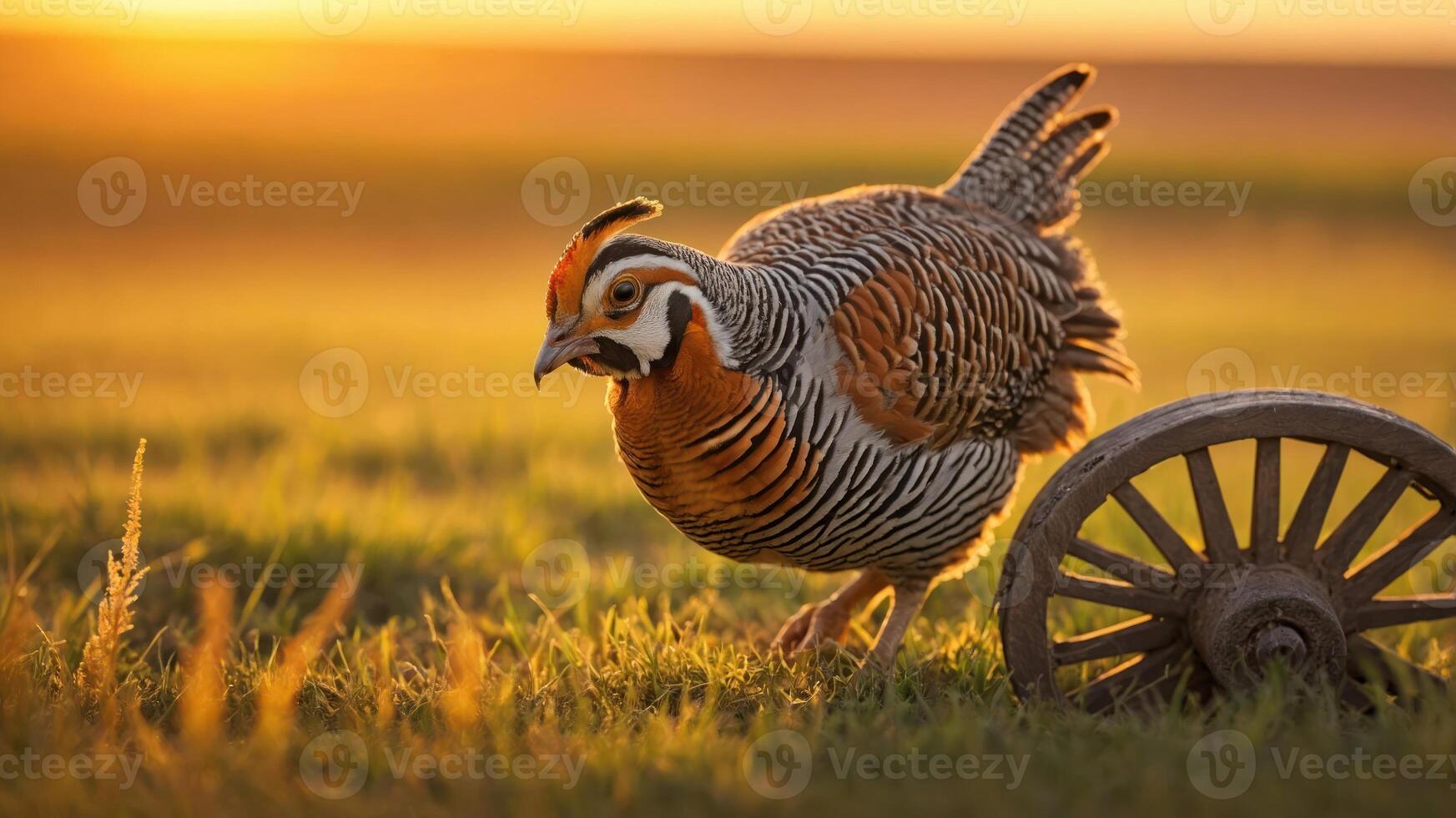 A colorful bird walks beside a wooden wheel in a sunlit grassy field. photo
