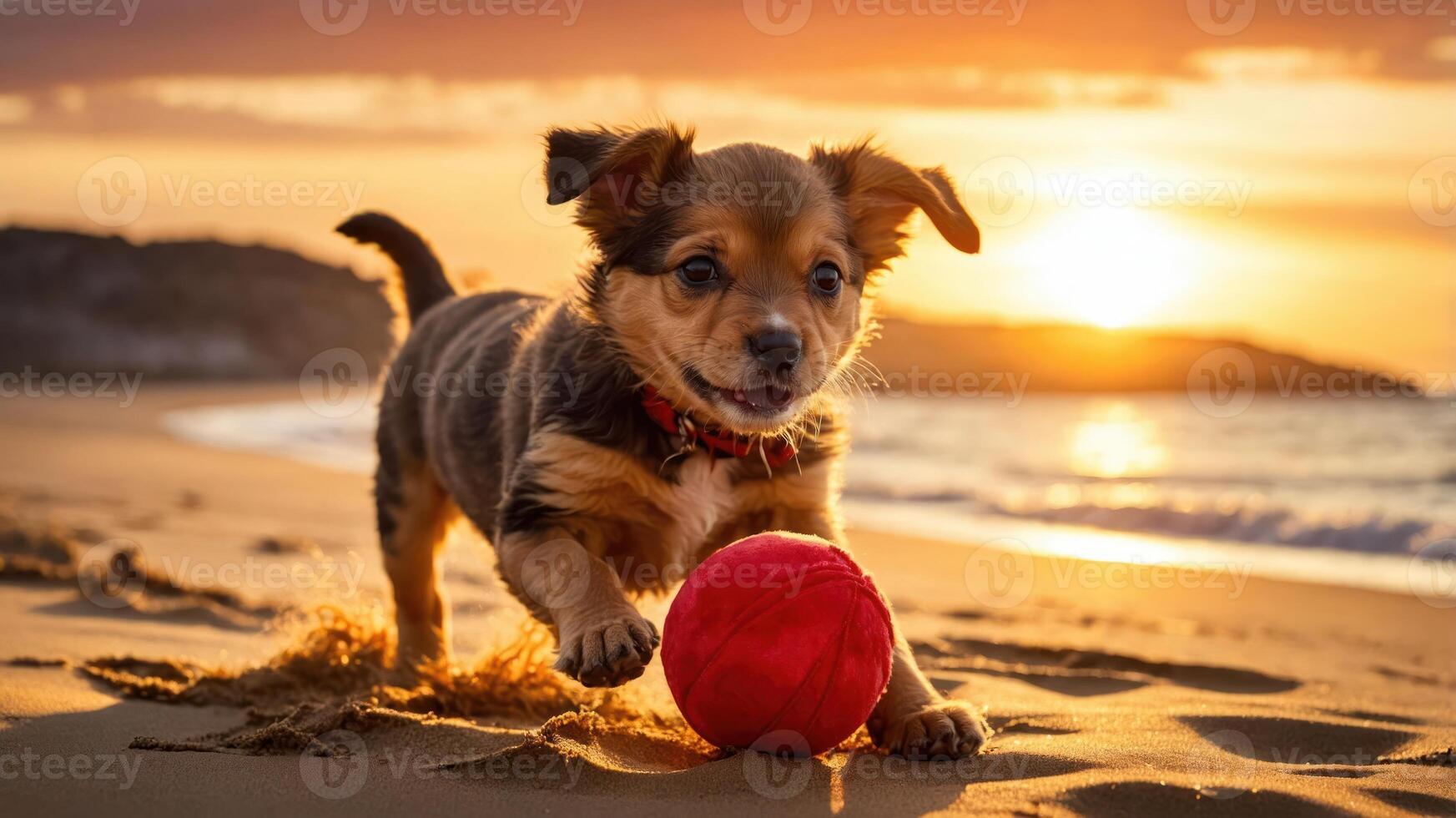 A playful puppy runs on the beach at sunset, chasing a red ball. photo