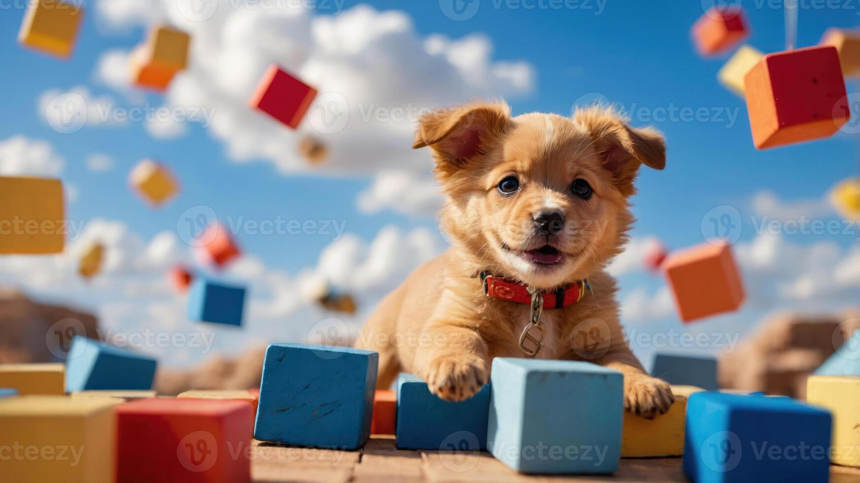 A playful puppy surrounded by colorful blocks against a bright sky. photo