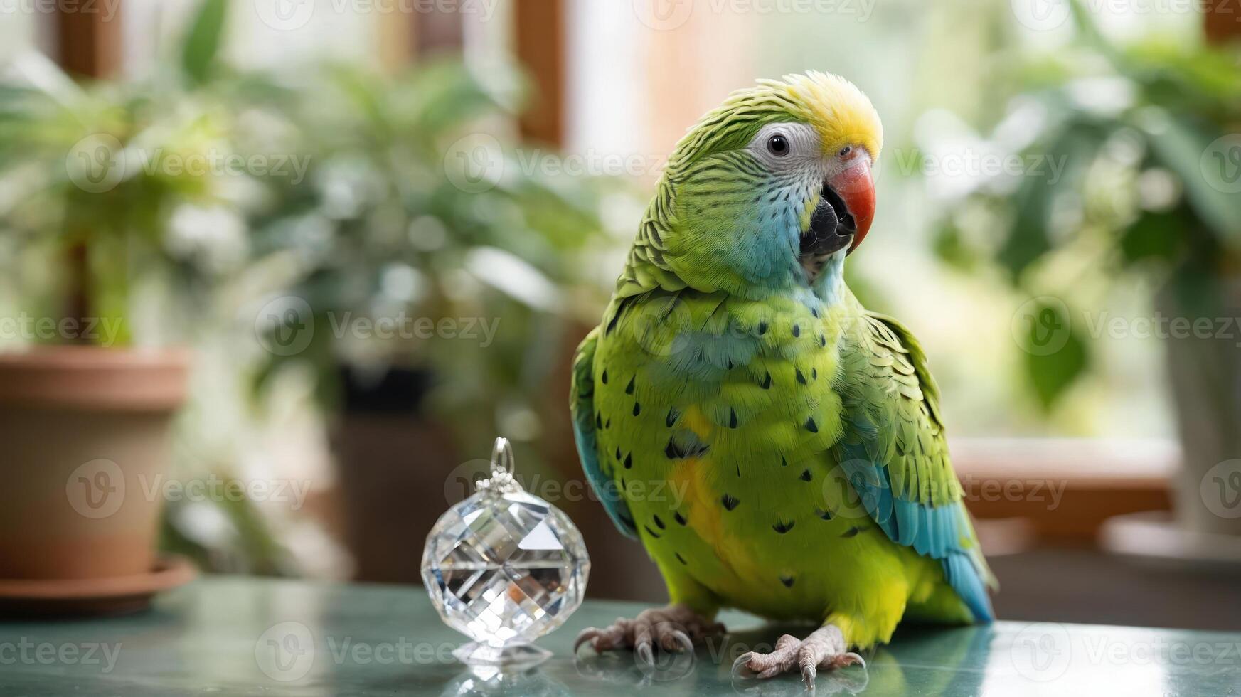 A colorful parrot sits beside a crystal ornament in a bright, green-filled environment. photo