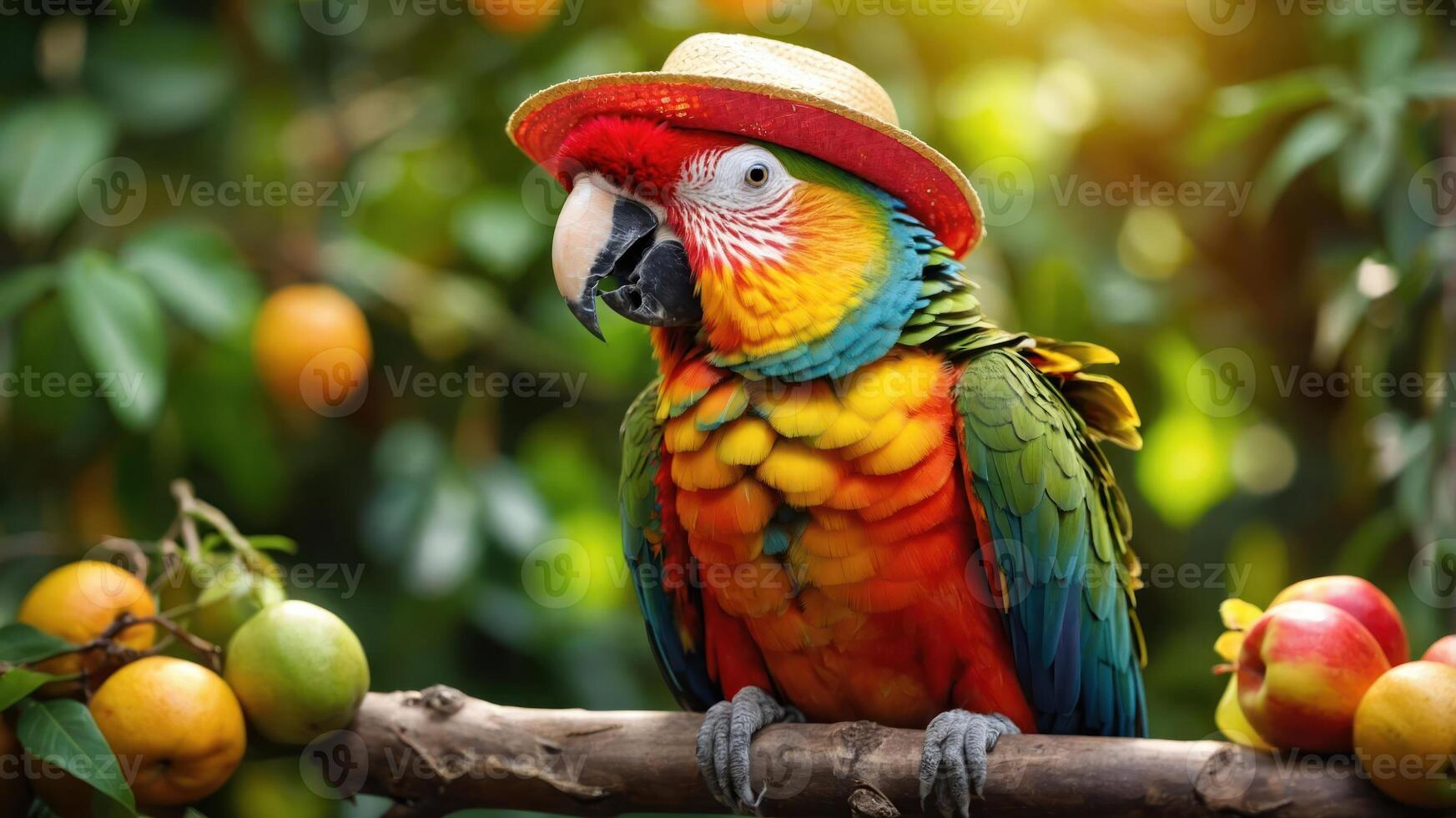 A colorful parrot wearing a straw hat, perched on a branch surrounded by fruits. photo