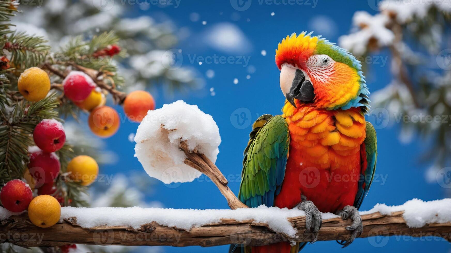 A colorful parrot perched on a snowy branch amidst vibrant fruits and a blue sky. photo