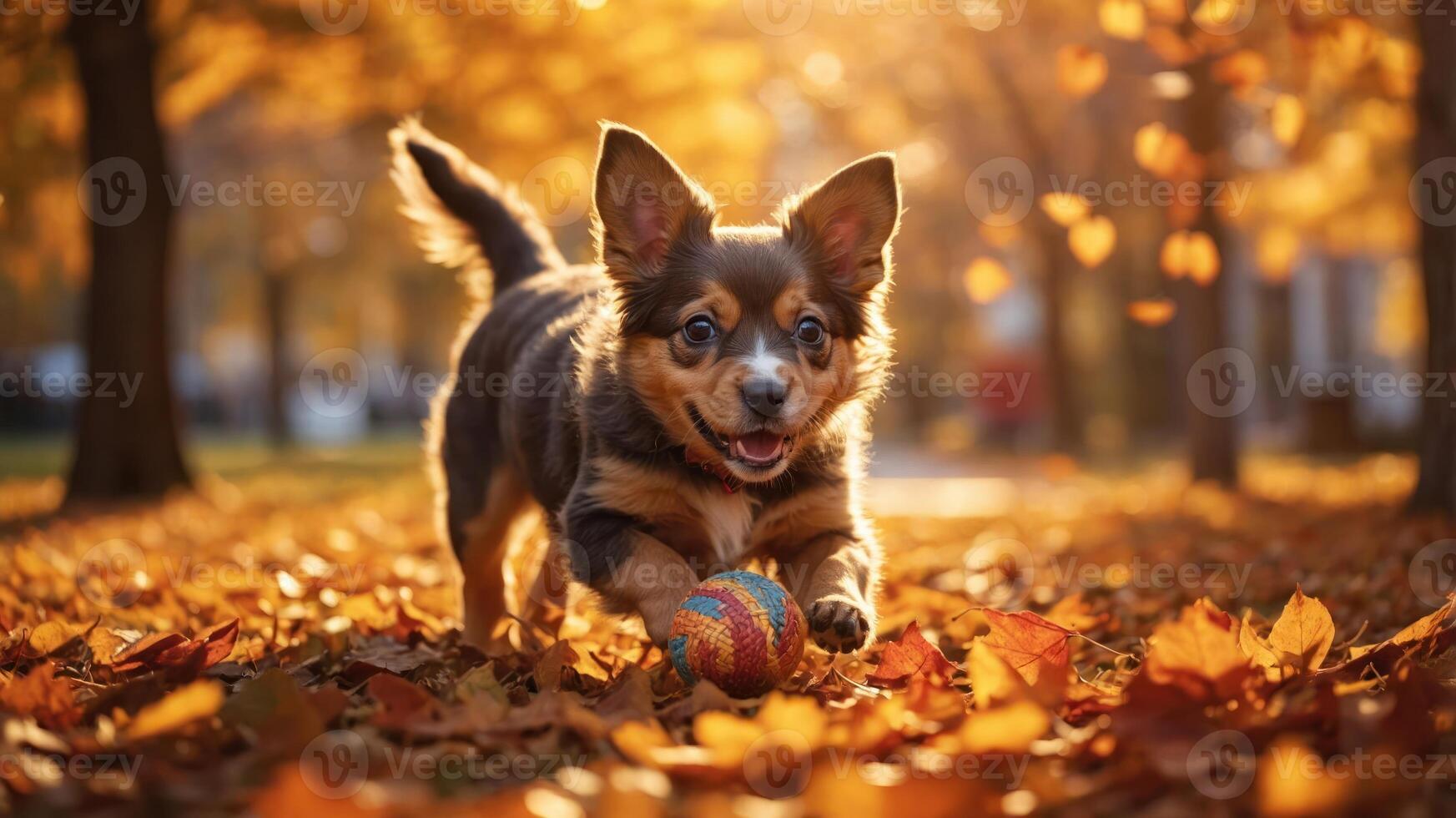 A playful puppy running through autumn leaves with a colorful ball. photo