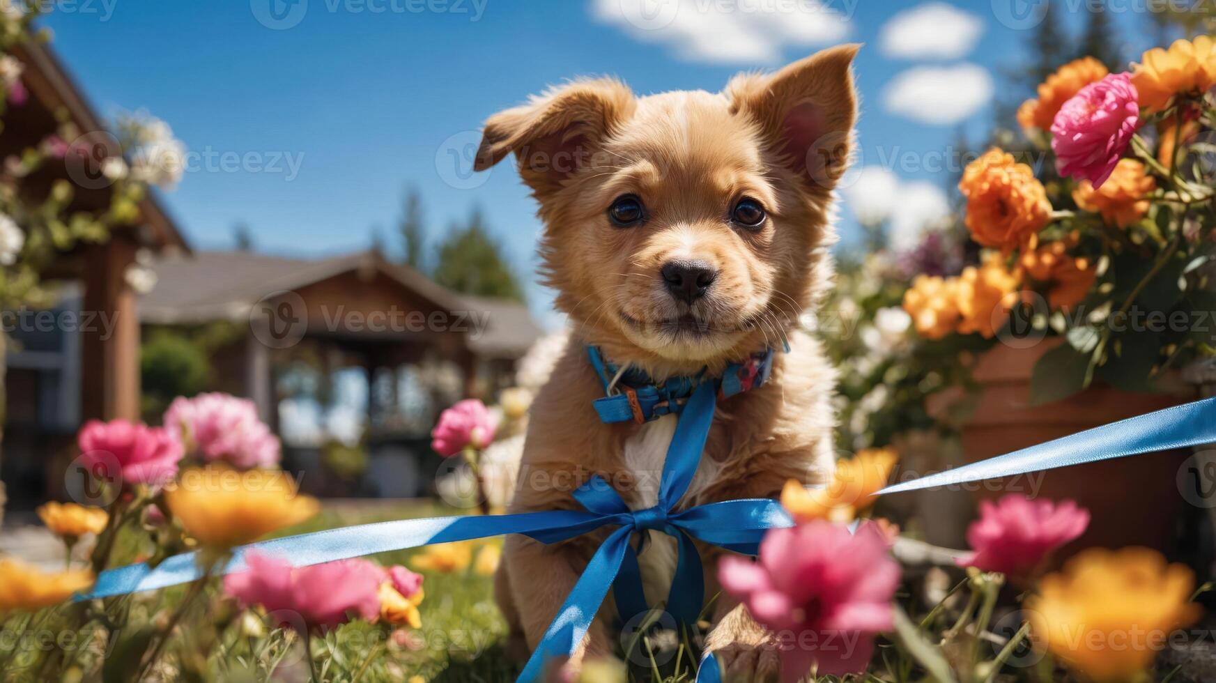 A cute puppy sitting in a garden surrounded by colorful flowers and a blue ribbon. photo