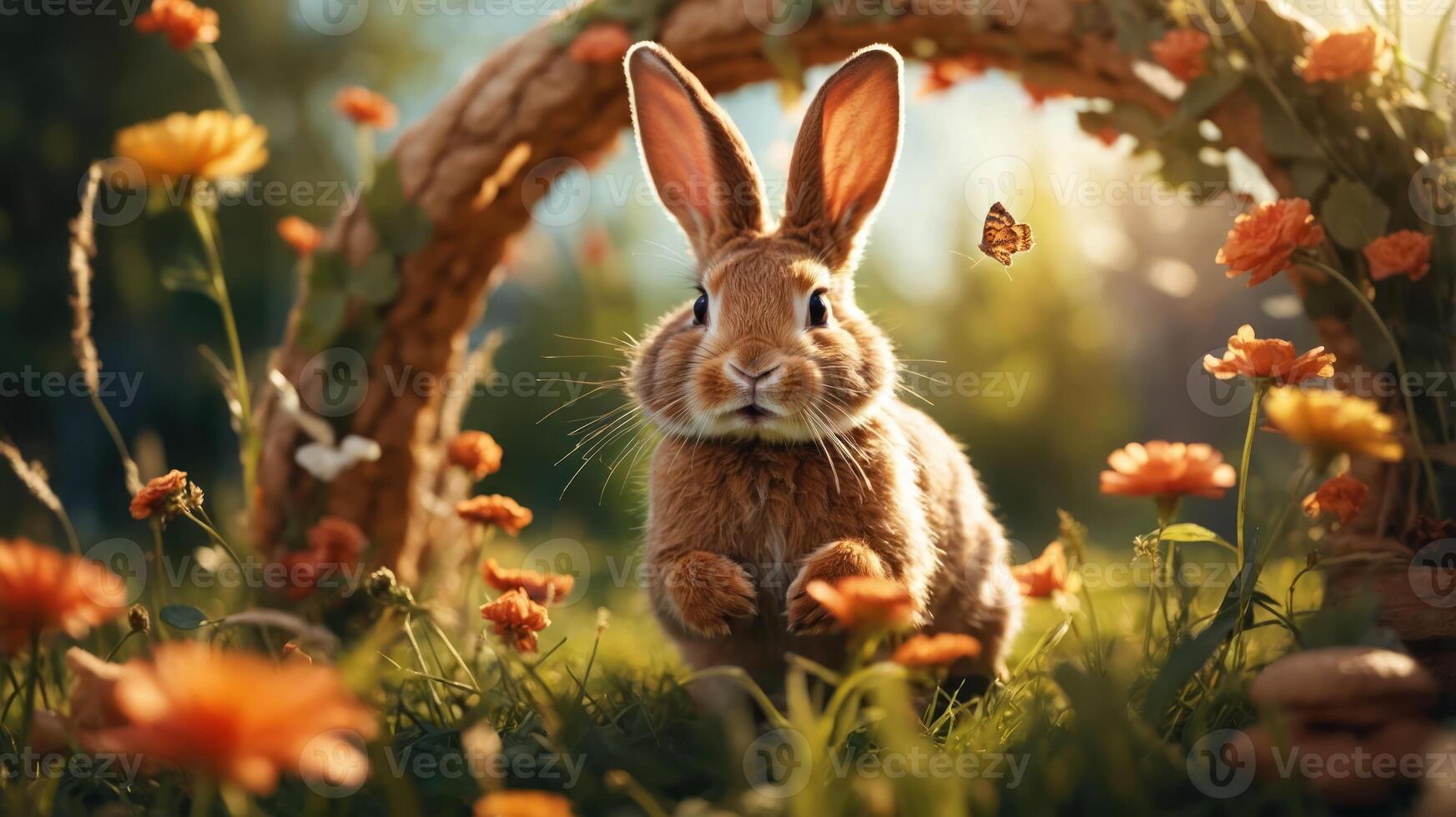 A cute rabbit in a vibrant flower field with a butterfly, showcasing nature's beauty. photo