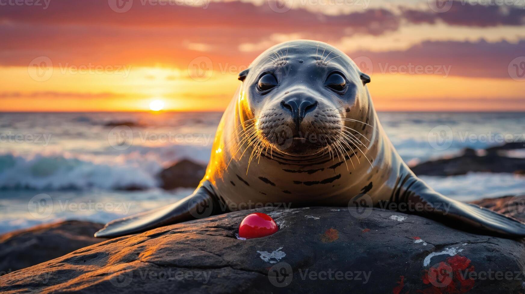 A seal resting on a rock at sunset, with waves crashing in the background. photo