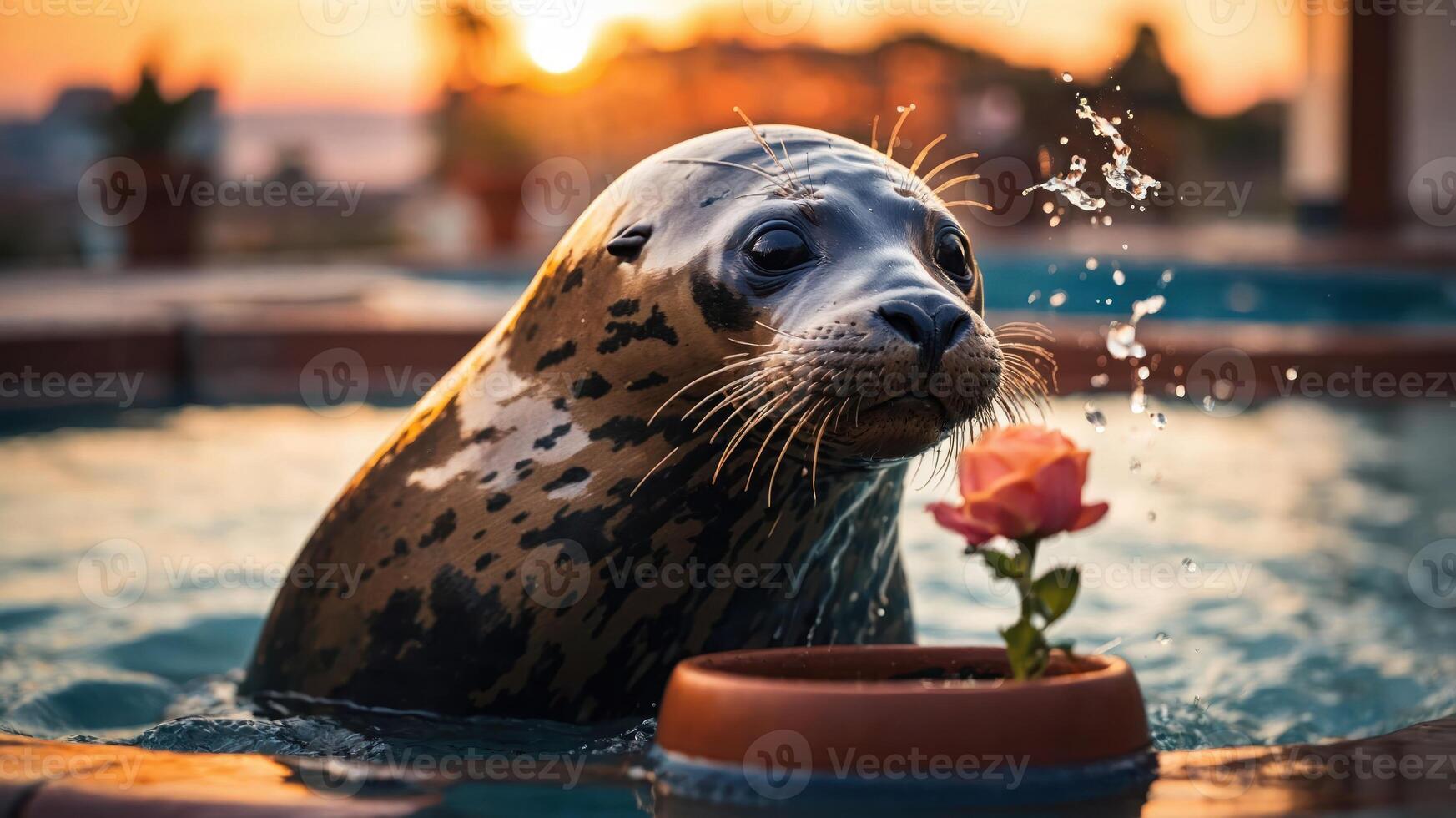 A seal curiously interacts with a rose in a tranquil pool at sunset. photo