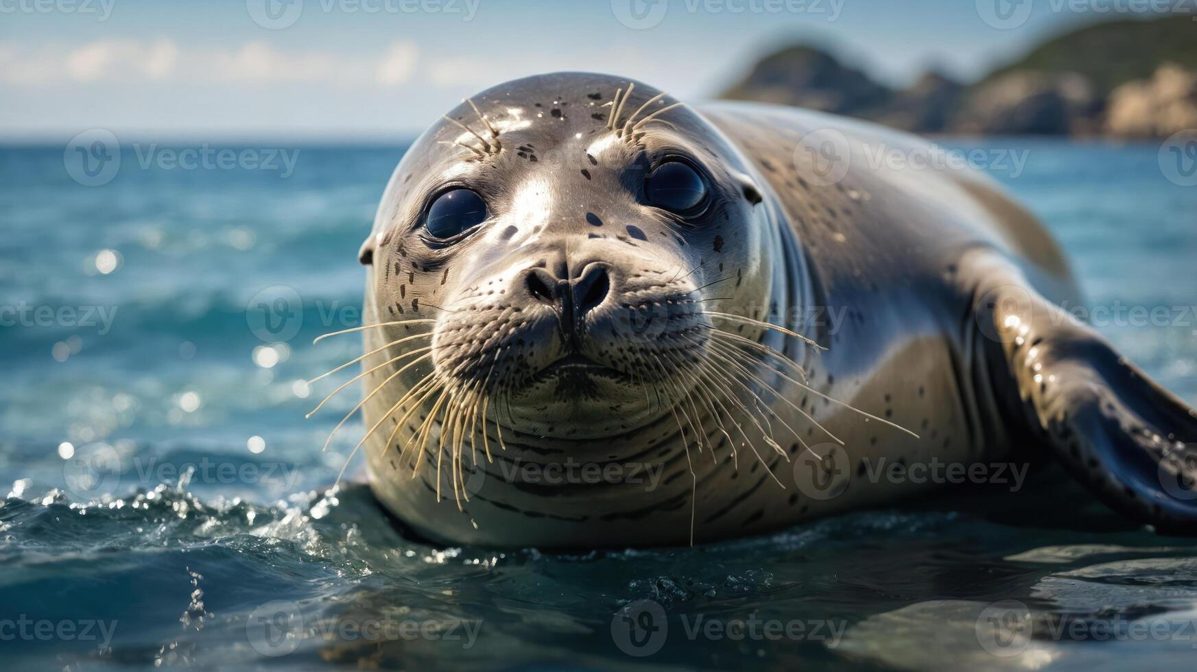 A close-up of a seal swimming in clear water, showcasing its features and natural habitat. photo