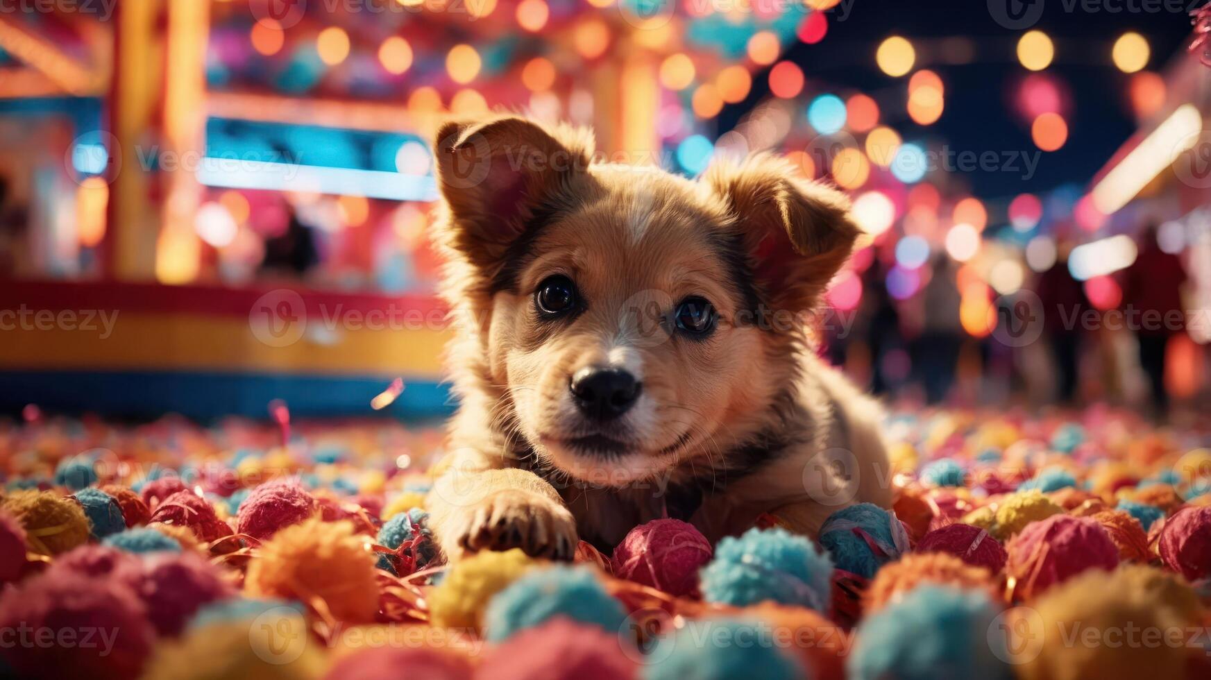 A cute puppy lying on colorful pom-poms at a vibrant carnival scene. photo