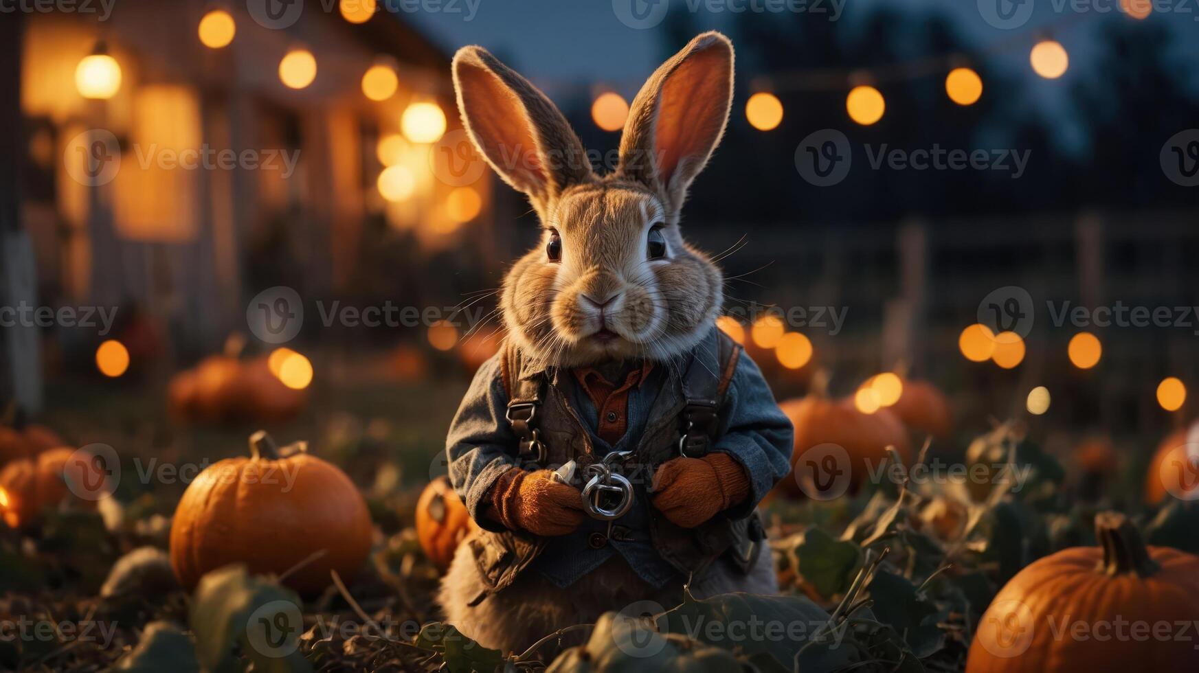 A whimsical rabbit dressed in a jacket poses among pumpkins at dusk, surrounded by lights. photo