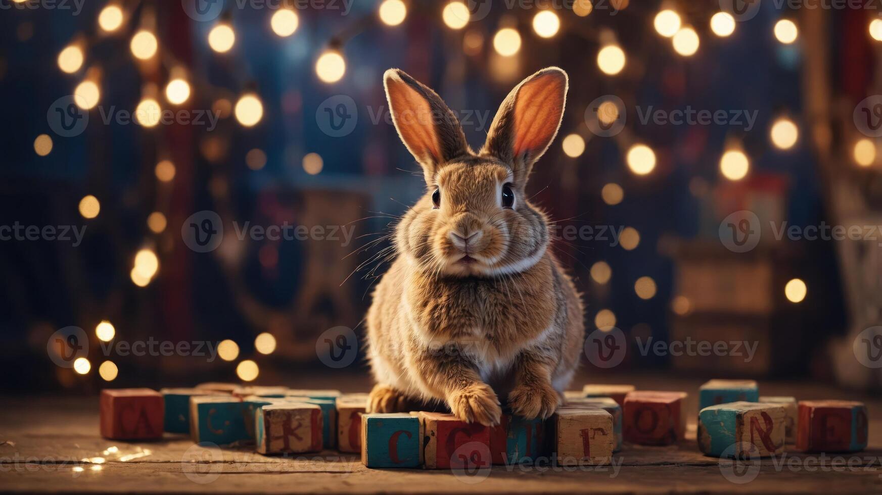 A cute rabbit sits on colorful blocks with warm lights in the background. photo