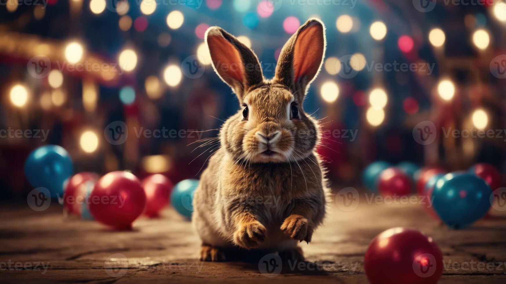 A cute rabbit in a festive setting with colorful balloons and lights. photo
