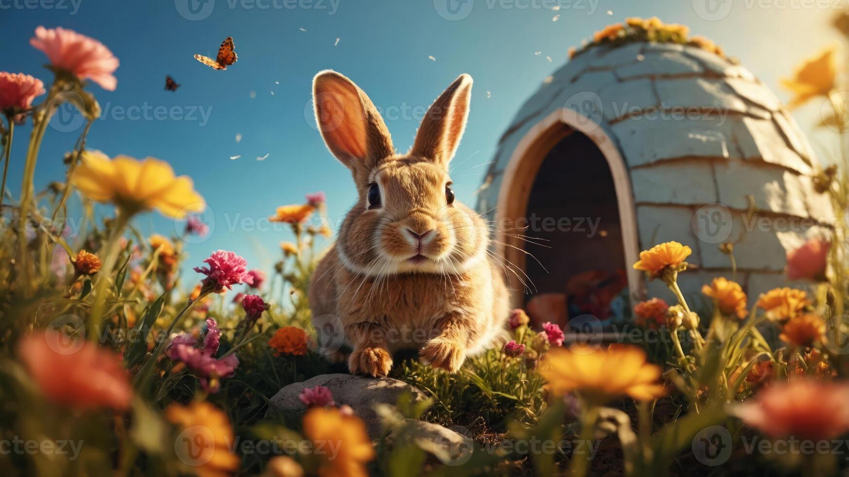A rabbit in a vibrant flower field near a cozy, whimsical hut under a clear blue sky. photo