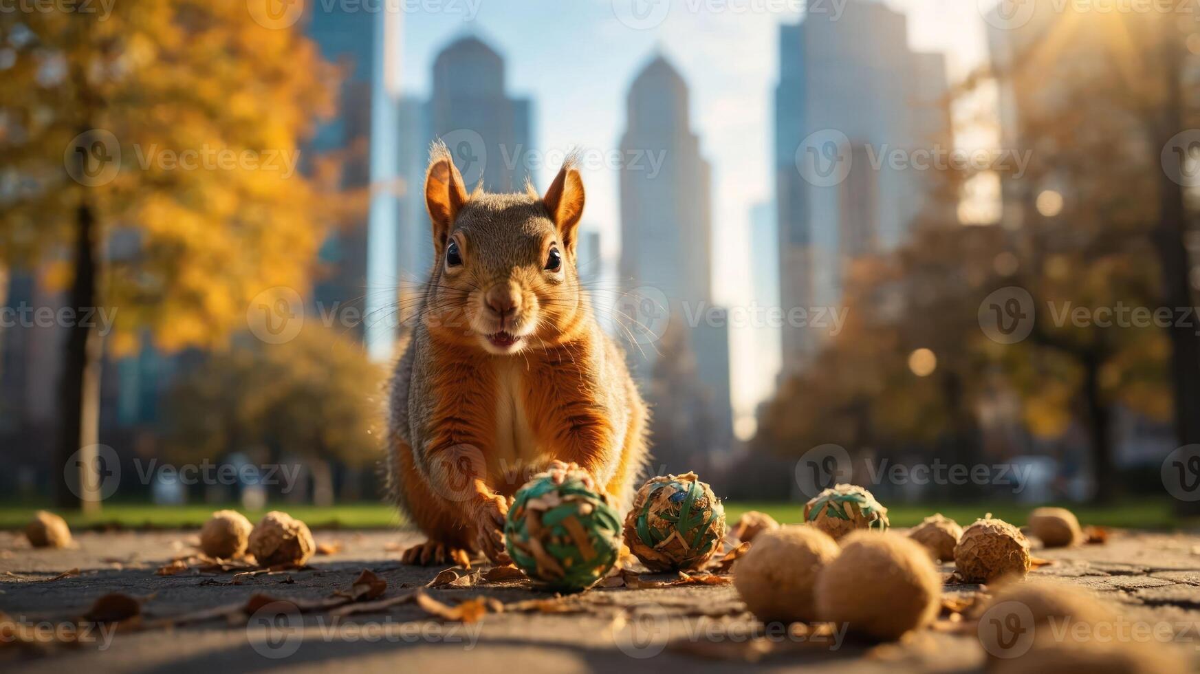 A squirrel playfully interacts with colorful balls in an urban park during autumn. photo