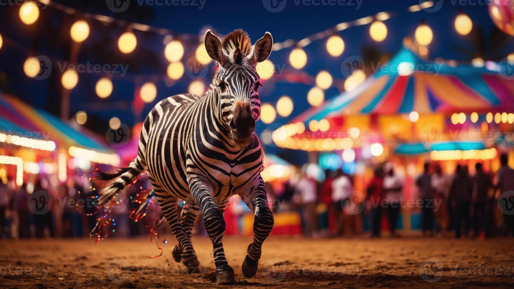 A zebra runs through a vibrant carnival scene at night, surrounded by colorful lights and festivities. photo