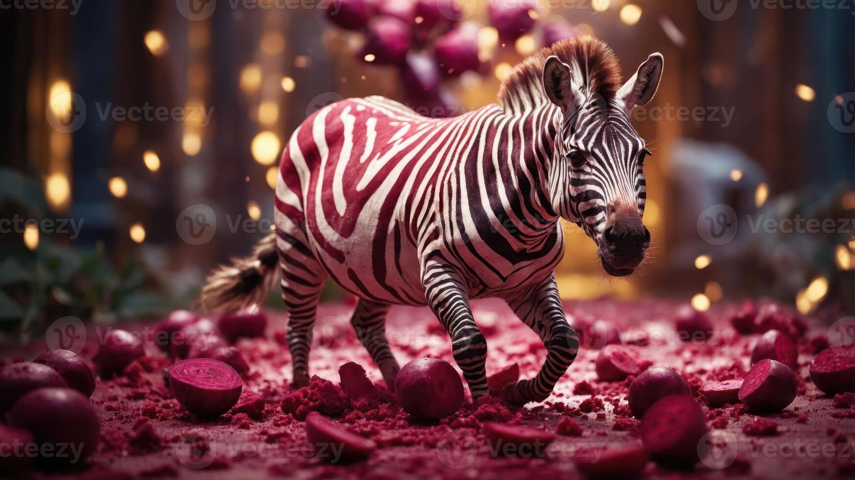A zebra with vibrant red stripes walks through a whimsical scene filled with scattered fruit. photo